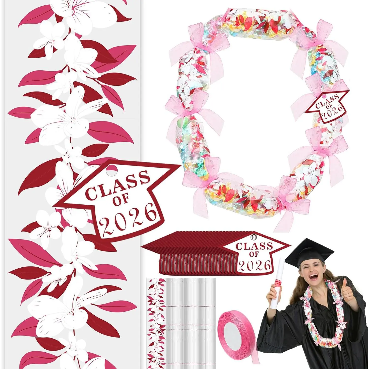 24 Sets Lei Making Kit, Hawaiian Floral Pattern PE Tubing for DIY Candy or Money Leis, 59-Inch Reusable Graduation Gift for Graduates, Includes Red Ribbon, Graduationgift, Home Decoration, Embellished With Patterns, 59 X 2.75 Inch, Hawaiian Style, Party,,