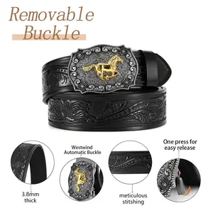 Men’s Premium Vintage Western Leather Ratchet Belt Adorned With Gilded Horse Relief And Distressed Buckle, Featuring Delicate Floral Engraving, Ideal Holiday Gift For Gentlemen brown option