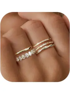 5PCS Stackable Gold Silver Rings for Women, Non Tarnish Dainty Cubic Zirconia Rings, Gold Plated Minimalist Wedding Band Rings Set, Wedding Promise Rings, Trendy Statement Stacking Rings Size 5-10