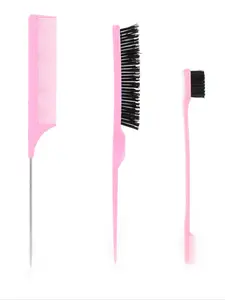 Multifunctional Hair Styling Comb Set, 3pcs Hair Brush Set, Including 1pc Rat Tail Comb,1pc Double-sided Edge Eyebrow Brush Comb, and 1pc Hair Brush, Professional Hair Salon Tools & Accessories