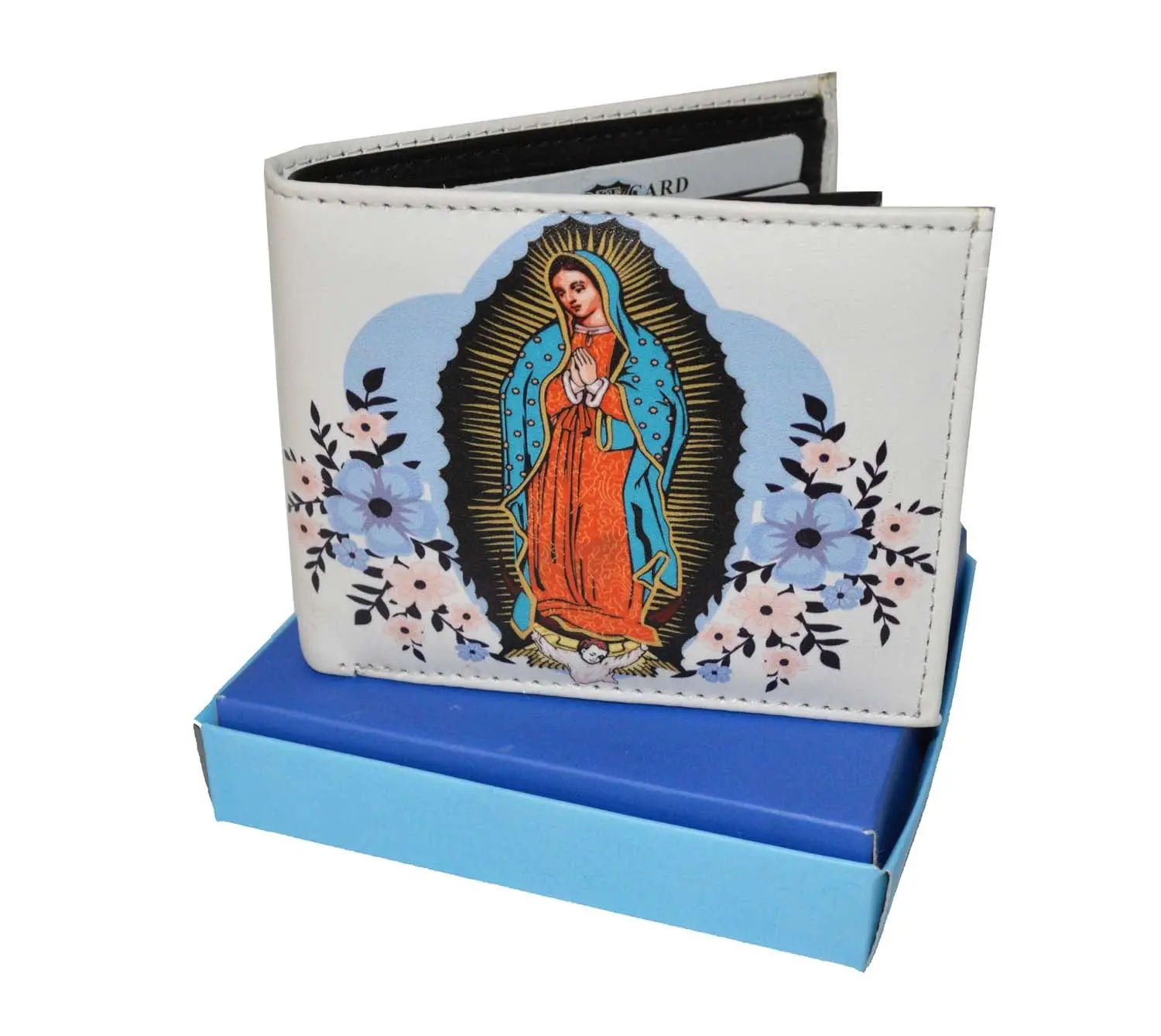 LEATHERBOSS Mens Bifold Wallet Virgin Mary Theme with Printed Matching Gift Box, Leather Wallets, Mens Gifts