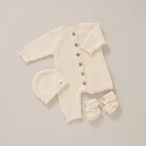 Organic Cotton Baby Sweater Knit Romper Hat Booties 3 Piece Newborn Infant Set LongSleeve Cute Outfit Boy Girls Clothe