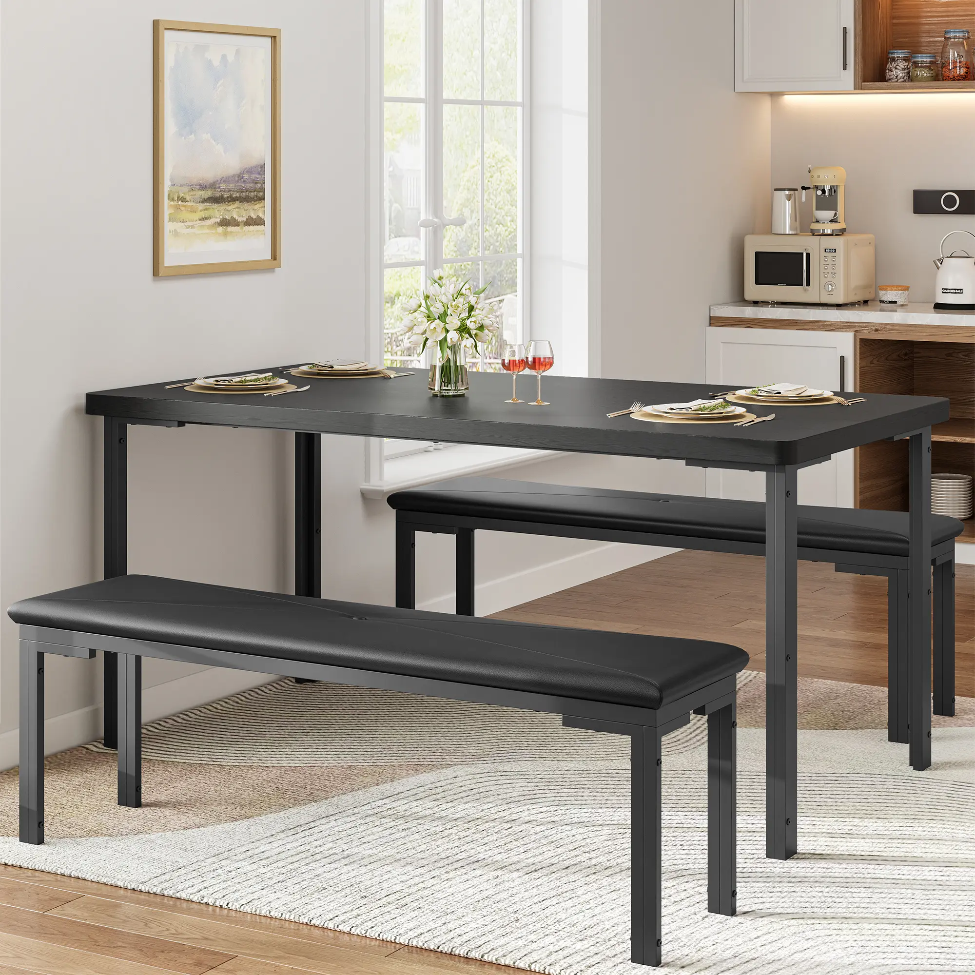 3-Piece Space-Saving Dining Table Set - 43.3x27.6" Rectangular Wood Table with 2 Upholstered Benches, Steel Frame, Easy Setup, Seats 4 for Small Spaces, Apartment, Kitchen, Breakfast Nook