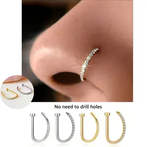 2/1 set of fashionable nose rings, gold and silver plated, fake nose rings that don't require piercing, Punk, Hip Hop style, D-shaped, suitable for everyday wear and parties