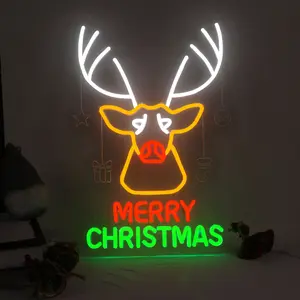 Christmas Reindeer Neon Sign Merry Christmas Glow USB Dimmable & Easy Hang Decor