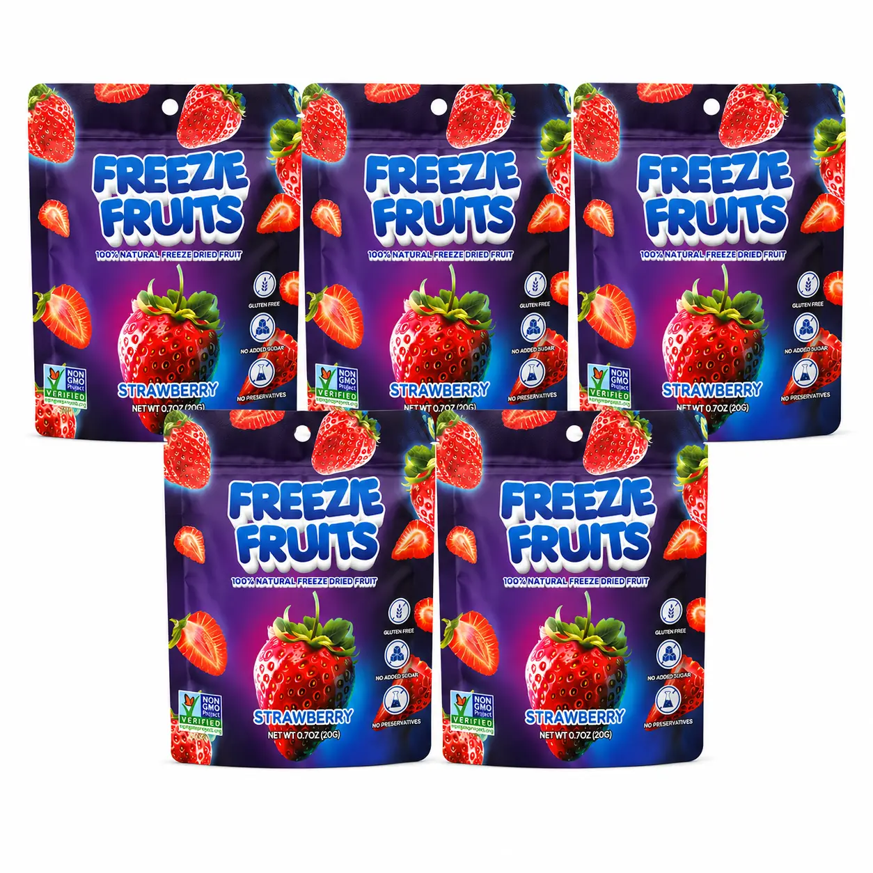5 for 5 Bundle - Freezie Fruits Strawberry 100% Natural Freeze-Dried Fruit Vegan 7 oz Bags Perfect for Snacking and Smoothies