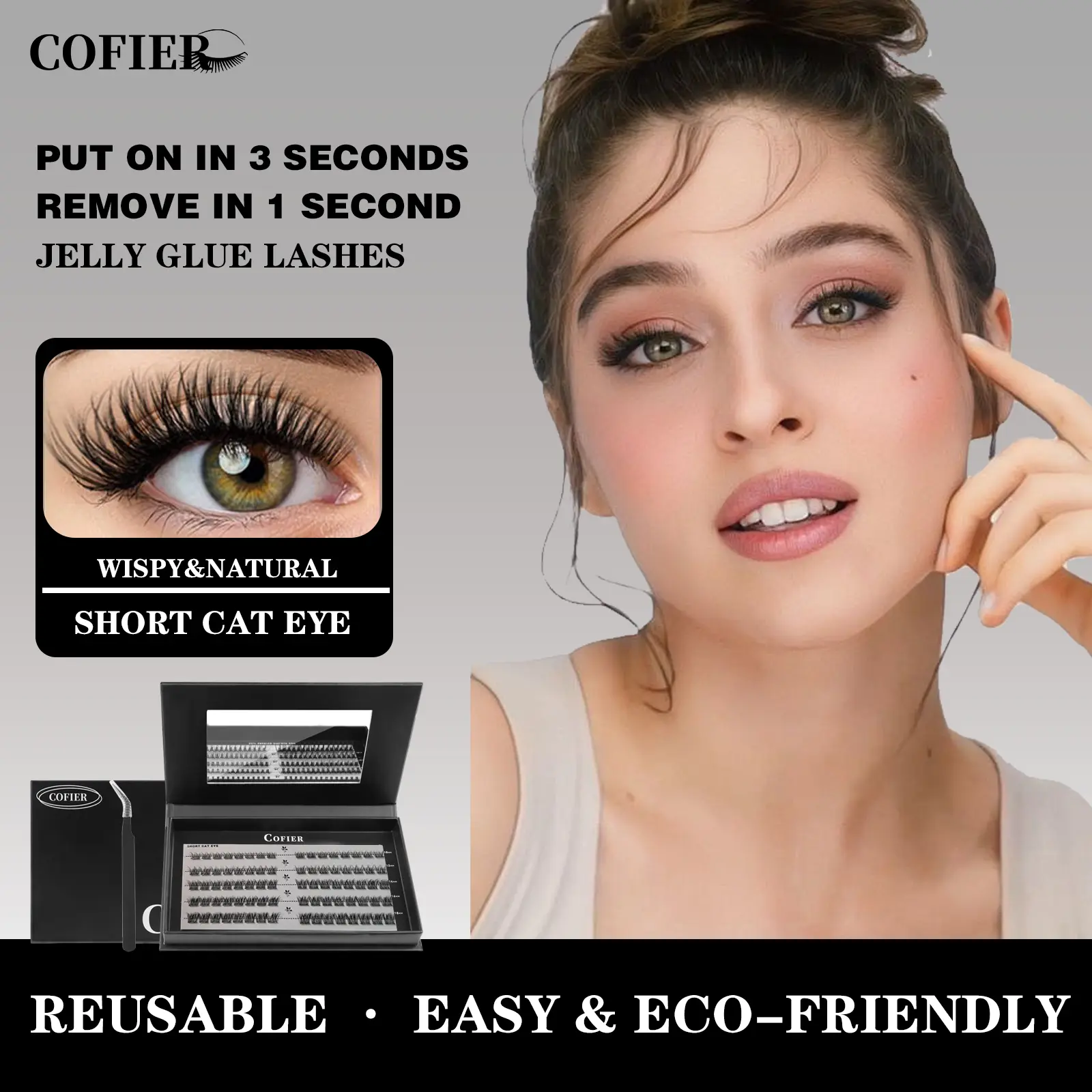 [SHORT CAT EYE Lashes] Cofier Self-Adhesive lashes Glue - Free DIY Lash Kit (8 - 14 mm)  Comes with Tweezers! (80/100 Pcs) for a Quick and Natural Lash Makeover Individual Eyelashes Makeup Eyelashes