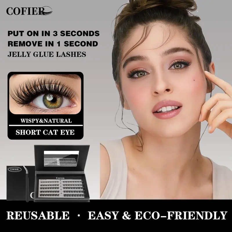 [SHORT CAT EYE Lashes] Cofier Self-Adhesive lashes Glue - Free DIY Lash Kit (8 - 14 mm)  Comes with Tweezers! (80/100 Pcs) for a Quick and Natural Lash Makeover Individual Eyelashes Makeup Eyelashes