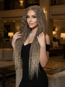 34 Inch Long Water Wave Ombre Blonde Wigs for Women, Synthetic Lace Front Wig Dark Roots, Glueless Lace Frontal, Heat Resistant Fiber, 180% Density Deep Wave, Glueless Pre Plucked Natural Hairline, TikTok Viral Goddess Look, Daily Use