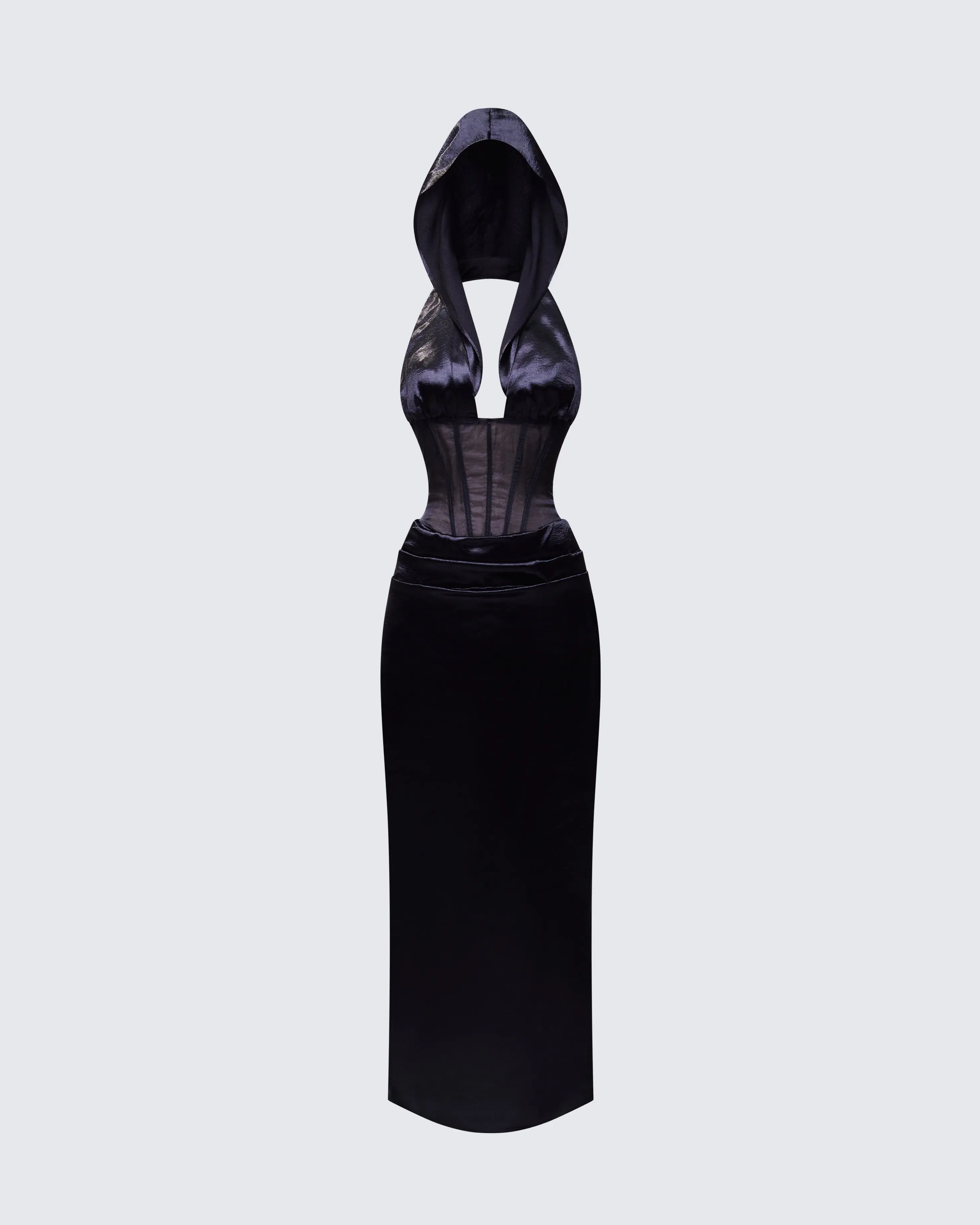 Women's Gothic Formal Lirael Black Sheer Spandex Corset Maxi Dress with Skirt
