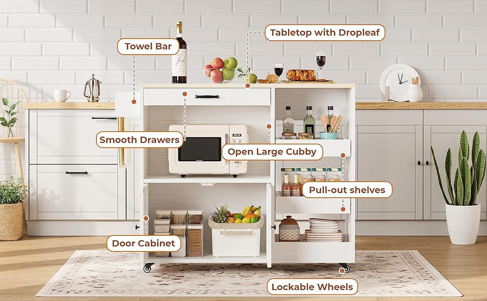 LIKIMIO Kitchen Island with Drop Leaf, Rolling Kitchen Island Cart on Wheels with Storage, Microwave Cart with Pull Out Open Shelves and Drawer, Mobile Kitchen Storage Islands