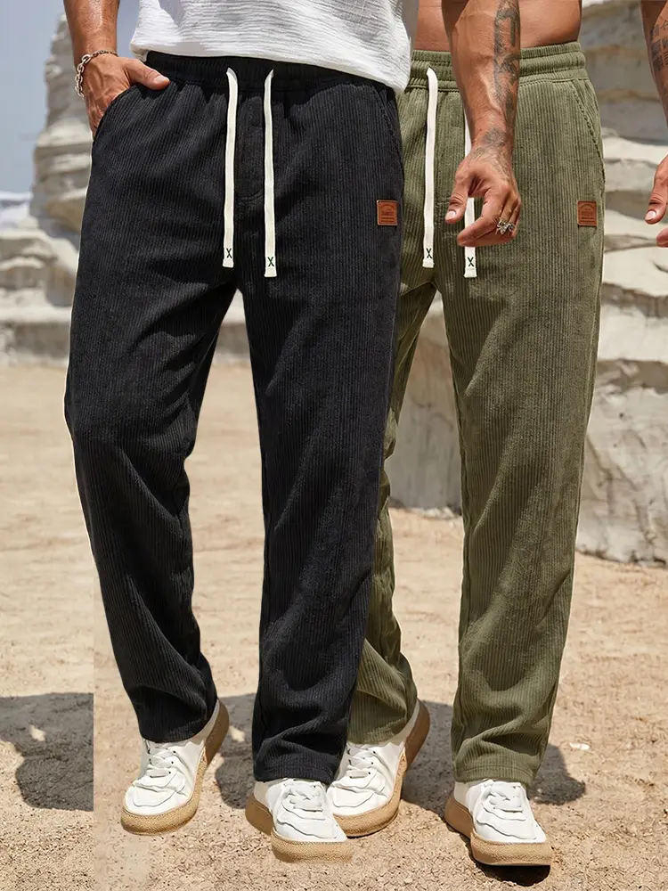 Men’s mid-rise straight-leg corduroy pants with elastic waistband, relaxed casual walking bottoms