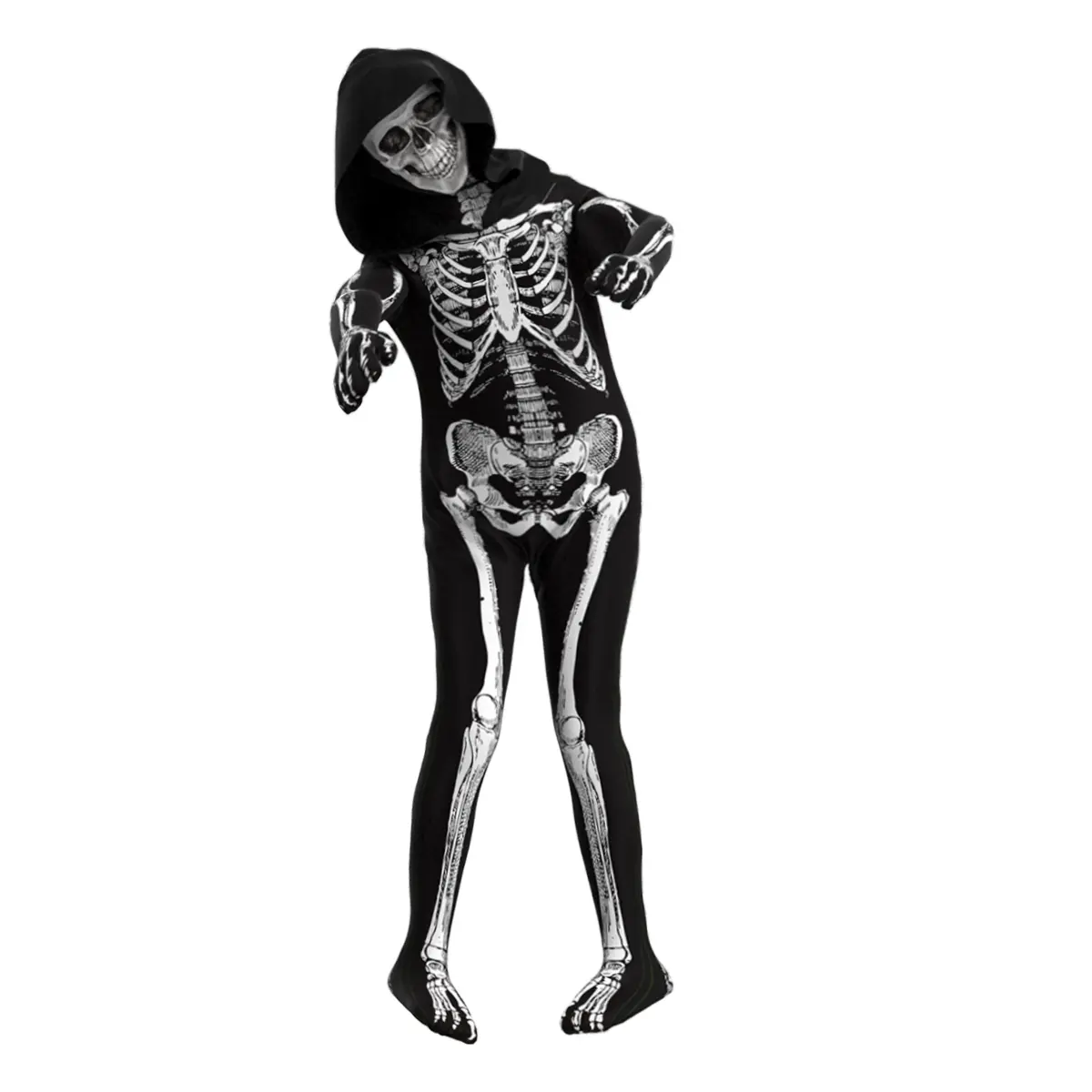 Men's Halloween Full Body Skeleton Jumpsuit - Long Sleeve Black Hooded Clothes with Realistic White Bone Design, Party Costume Accessories & Mask, Fabric, Human, Skull, Full Body Suit