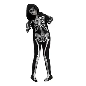 Halloween Costume Full Body Skeleton Jumpsuit - Spooky Halloween Jumpsuit with Realistic White Bone Design, Black Hooded