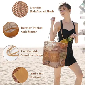 Foldable Beach Bag, Lightweight Beach Bag, Beach Tote, Mesh Handbag, Women's Shoulder Bag, Casual Fashion, Shopping Bag, Storage Bag, Suitable for Outdoor Travel Business