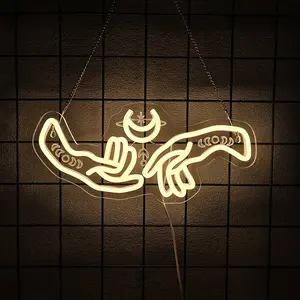 Hand Holding Moon Neon Light Wall Mounted Lunar Neon Sign LED Lamp for Kids Room Man Cave Bedroom Store Decoration