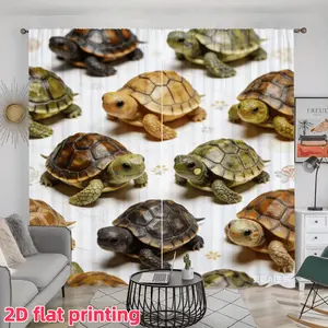 2D Flat 2Pcs Cute Turtles Printed Window Curtain Panels, Semi-Sunshade Polyester Fiber, Pole Pocket Style, Ideal for Living Room, Bedroom, Balcony, Kitchen, Study, and Shower Decoration, Accessory, Anti-Privacy.