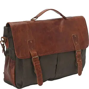Sharo CL-400 Leather Business Messenger Bag & Briefcase with Zip, Rugged Brown & Green Canvas, Detachable Shoulder Strap, Back Zipper Pocket