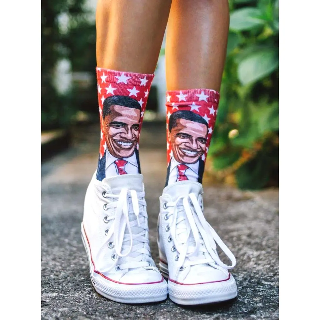 Obama Crew Socks | Unisex Printed Mid-Calf Socks - Casual Comfy Breathable For Everyday Wear - One Size Fits Most