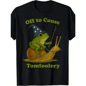 Men's Graphic Crew Neck Tshirt - Casual Short Sleeve Stretch Cotton Fabric Top with Funny Wizard Frog Meme, "Off to Commit Tomfoolery" Print for Outdoors