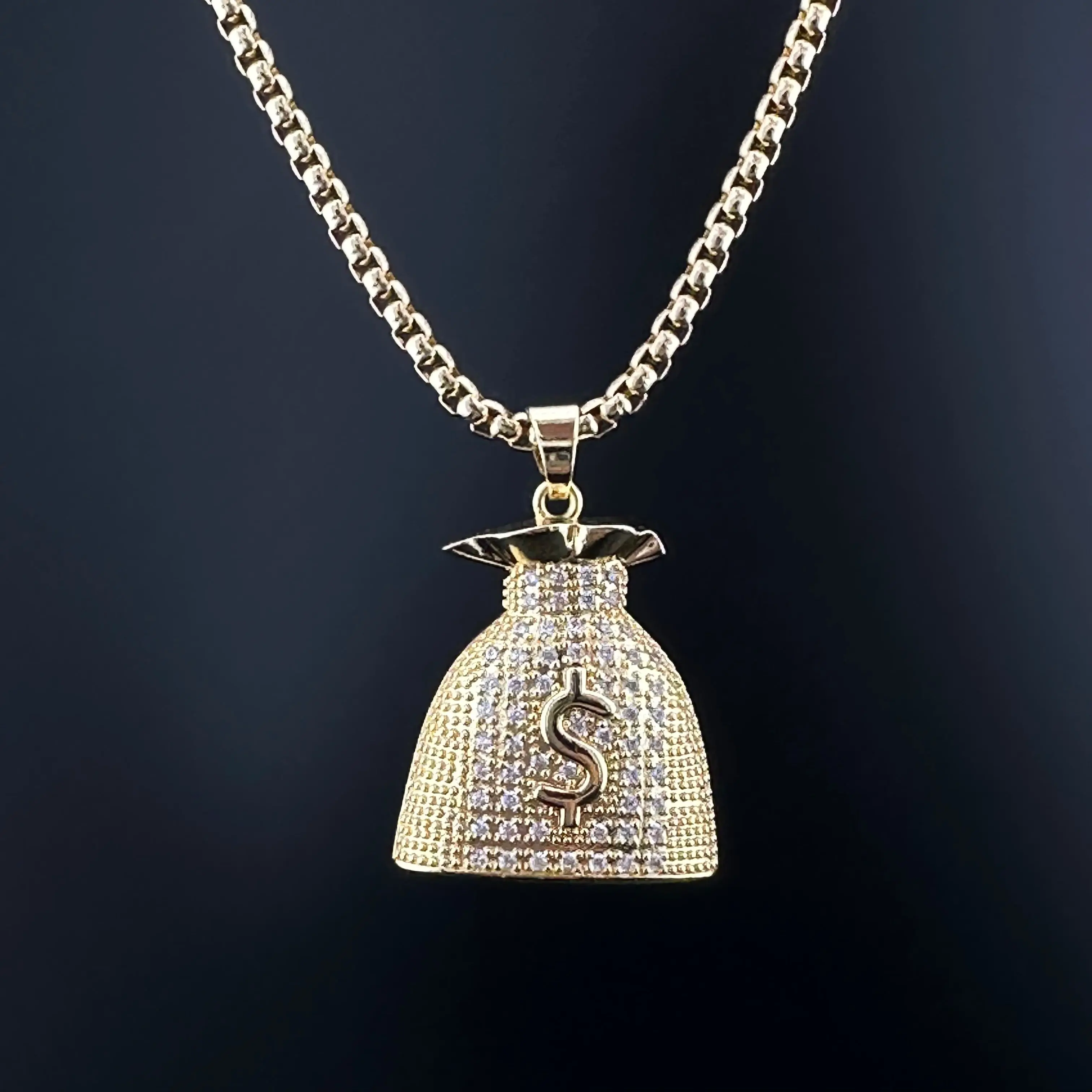 Hip Hop Money Bag Pendant Necklace with Zirconia | 14K Gold Plated