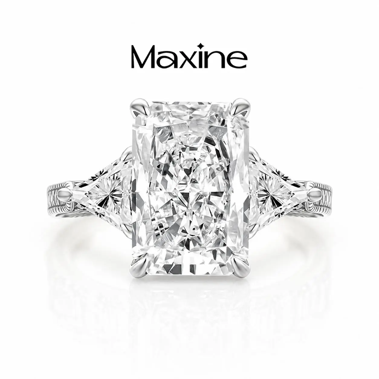 MAXINEJEWELRY 5.0ct Radiant Cut Engagement Ring,Past Present Future 3 Stone,Triangle Cut Side Stone,Crushed Ice AAAAA Cubic Zirconia,Trendy Promise Ring