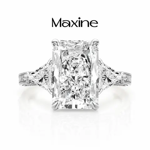 MAXINEJEWELRY 5.0ct Radiant Cut Engagement Ring,Past Present Future 3 Stone,Triangle Cut Side Stone,Crushed Ice AAAAA Cubic Zirconia,Trendy Promise Ring