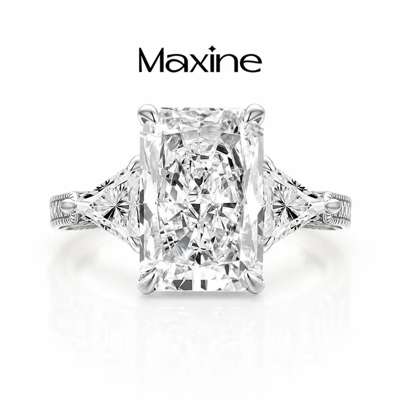 MAXINEJEWELRY 5.0ct Radiant Cut Engagement Ring,Past Present Future 3 Stone,Triangle Cut Side Stone,Crushed Ice AAAAA Cubic Zirconia,Trendy Promise Ring