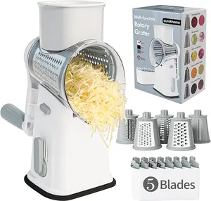 Rotary Cheese Grater Cheese Shredder, Mandoline Vegetable Slicer with 5 Interchangeable Blades and Strong Suction Base for Fruit, Vegetables, Nuts White