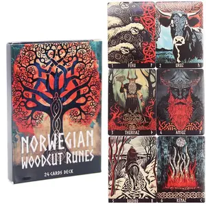 Norwegian Wood Carved Runes Cards Set, 24pcs Rune Message Cards in English, Card Games Ideal for Beginners, Party, Gift Choice