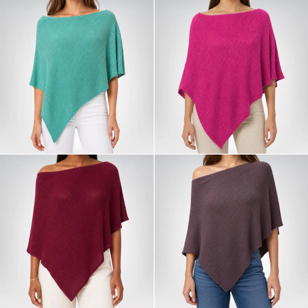 Women's Soft Rayon Open Knit Asymmetrical Poncho – Lightweight Sheer Boat Neck Sweater