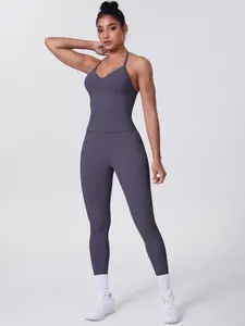 Women's Sports Suit, Neck Hanging Vest & Sports Pants 2-piece Set, Seamless Solid Color Fitness Suit, Running Training Pilates Set, Athleisure Wear Set