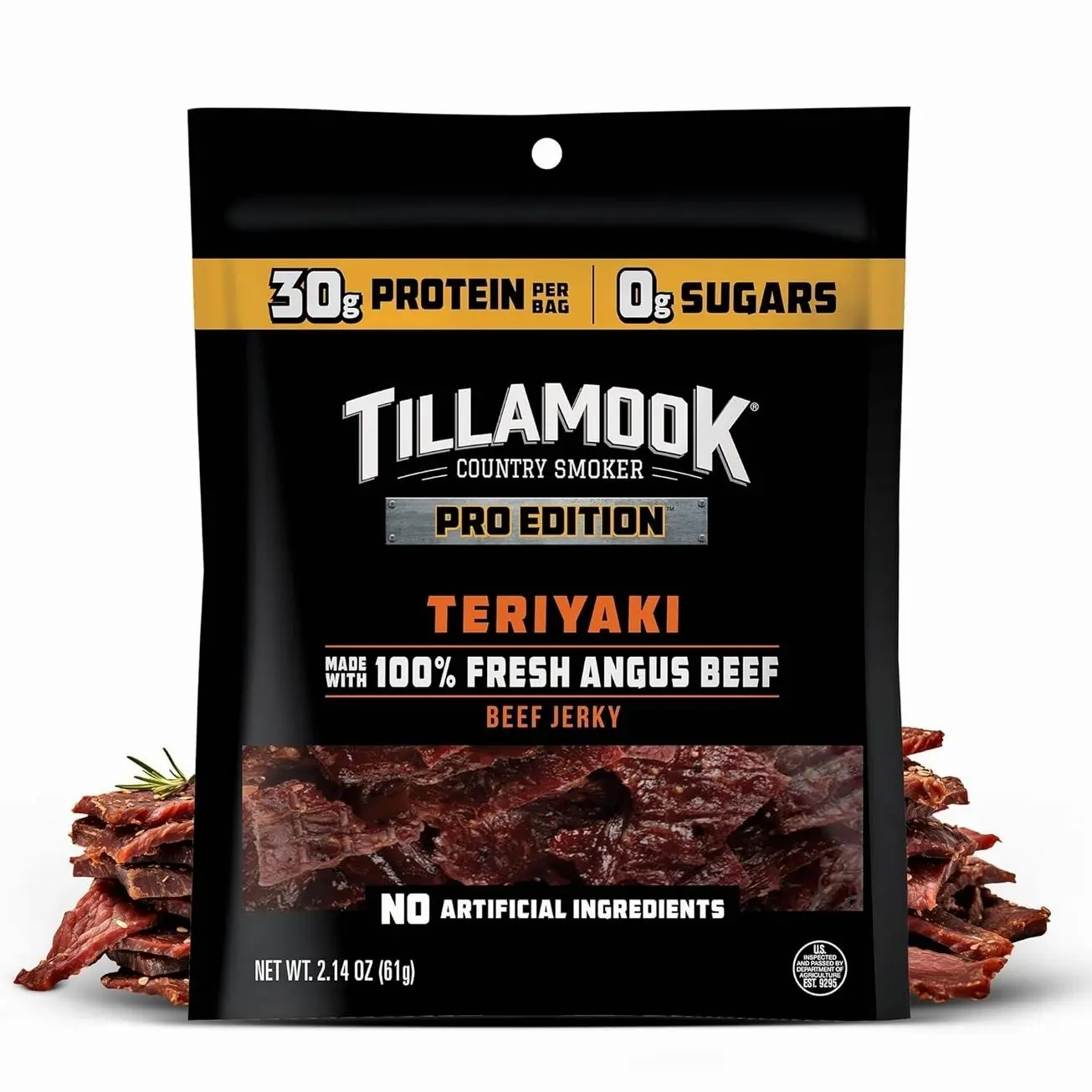 Tillamook Beef Jerky, Country Smoker PRO Edition, Zero Sugar, Teriyaki, 2.14 Oz, Real Hardwood Smoked Fresh Angus Beef, Low Carb, High Protein, Ready to Eat Keto Snack for Athletes, Gluten Free