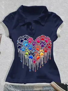 Women's Polo Shirt, Valentine's Day Love Heart Cartoon Print, Casual Short Sleeve, Stretchy Material, Easy Care, Daily Wear