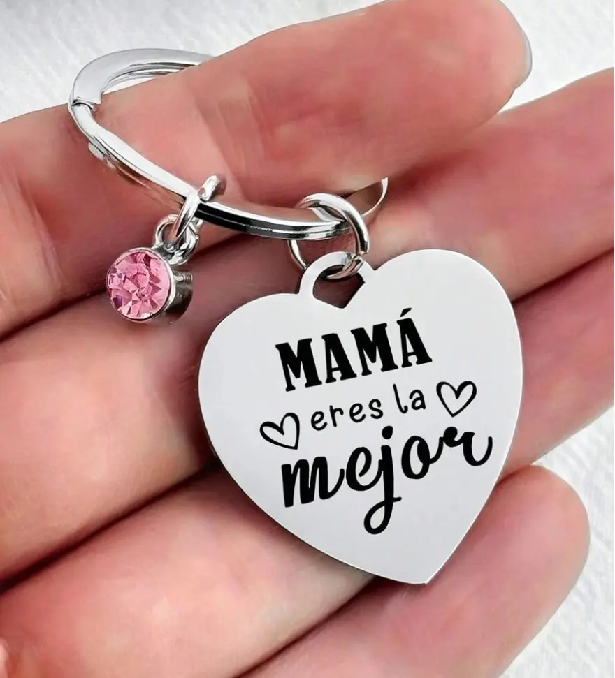 Stainless Steel Custom Engraved Message Keychain - Pink Rhinestone Solid Heart, "Mama Eres la Mejor" Engraving, Bowknot Beaded, Elegant Exquisite Craftsmanship Everyday Carry Mother's Day Gift for Mom, Custom Keychains, Engraved Message Keychains summervi