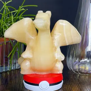 Jumbo Honey Calcite Charizard Pokémon-Inspired Crystal Carving with Stand