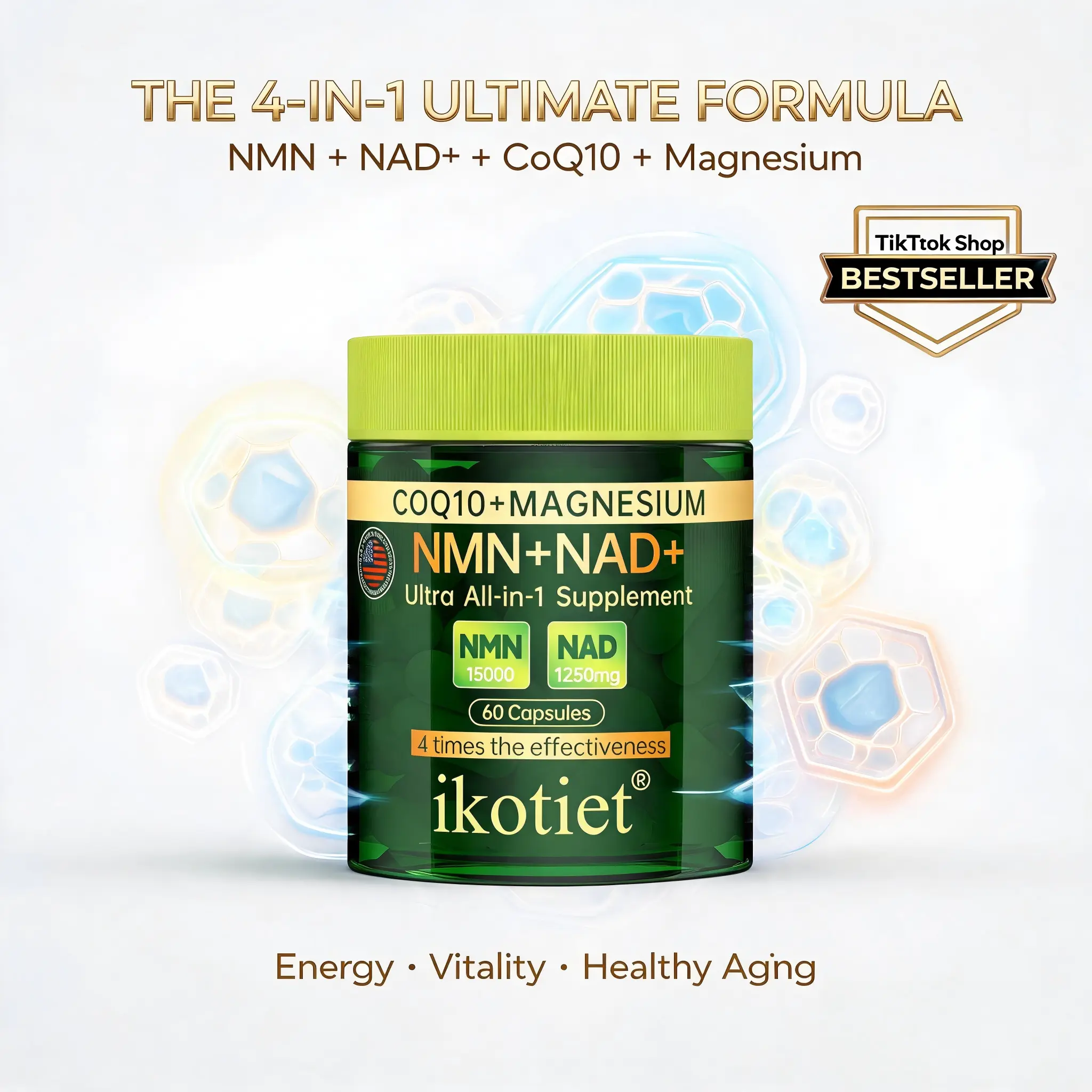 IKOTIET NMN + NAD+ + CoQ10 Supplement, Supports Cellular Energy, Daily Energy & Vitality, Active Lifestyle Formula for Men and Women, 60 Capsules + Free Trial Pack