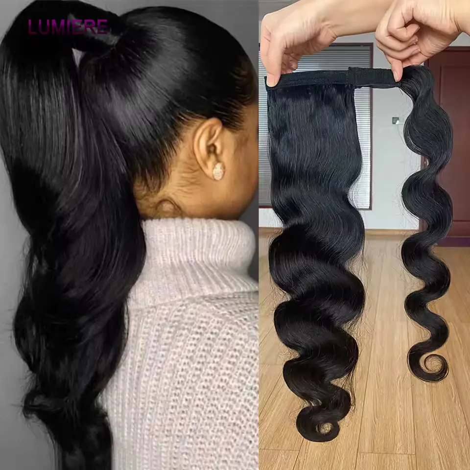 Women's 18A Body Wave Wrap-Around Ponytail Human Hair Extensions, 100% Real Virgin Raw Brazilian Clip-In Extensions with Double Weft