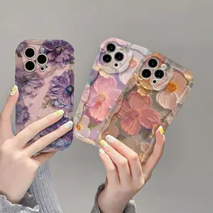 Aesthetic Wavy Glossy Phone Case, Vintage Oil Painting Flower Print Shockproof Cover with Full Camera Protection, 3 Colors Available - Compatible with iPhone 17 Air 16 Pro 15 14 Plus 11 13 12 Pro Max X XS XR XS MAX
