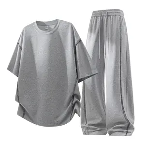Contrast-Stitch Curved-Hem Tracksuit Mens Oversized Casual Sportswear Set with Visible Stitch Detail, Elastic Waistband & Adjustable Drawstring for Street Style, Daily Wear & Urban Outings