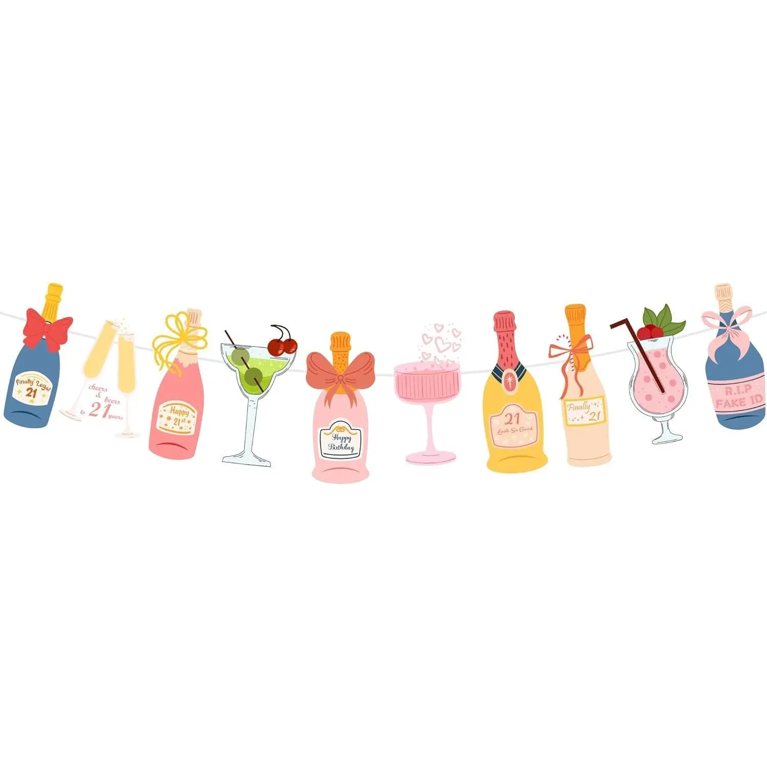 Pre-Strung Champagne Wine and other Drinks Bottles and Glasses Banner, Happy 21st Birthday Decorations for Her, 21 Year Old Party Decor for Women