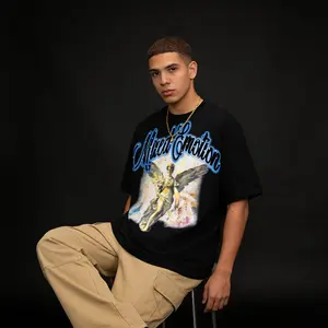 graphic tee Men'S White T-Shirt with Blue Cursive "Mixed Emotion" & Winged Angel Print - Loose Fit Crew Neck Short Sleeve Casual Tee, All-Season