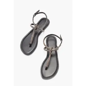JUSTFAB Women's Stylish Black Rhinestone Decor T-Strap Buckle Flat Slide Sandals - Summer Beach, Casual Walking Shoes, Women's Footwear