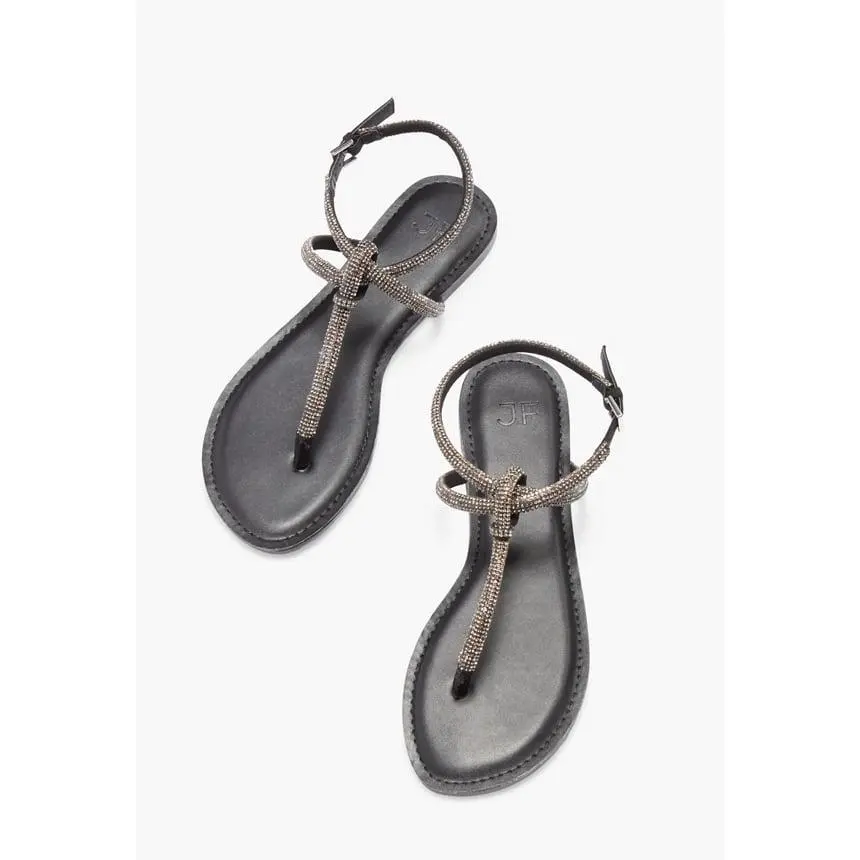 JUSTFAB Women's Stylish Black Rhinestone Decor T-Strap Buckle Flat Slide Sandals - Summer Beach, Casual Walking Shoes, Women's Footwear
