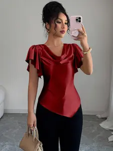 Elegant French Style Satin Blouse, Smooth, Ruffled Sleeve, Waist Cinch, Slim Fit, Office Wear, Summer Top for Women, New Arrival