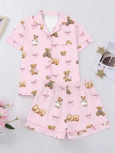 Women's Short Sleeve Pajama Set, Comfortable Fitted Elastic Waist Shorts, Stylish Homewear Loungewear with Cute Bow Bear Print, Nightwear Perfect for All Seasons, Pjs