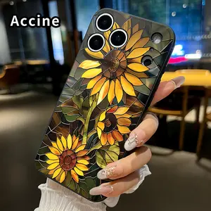 Straight Edge TPU Phone Case for iPhone 17 15 16 14 Pro Max 13 12 11 XR XS Plus Air E Artistic Sunflower Pattern Drop Protection Shockproof Soft Liquid Silicone Smartphone Cover