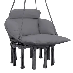 Outsunny Hammock Swing Chair, Outdoor Hanging Chair with Large Cushion, Cotton Rope Weaving Macrame Swing with Chain, 265 LBS Capacity for Indoor, Outdoor, Bedroom, Patio, Balcony, Cream White