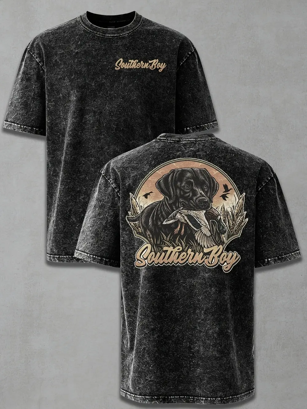 Southern Boy Vintage Washed T-Shirt – Black Lab Waterfowl Hunting Graphic Tee for Men, Southern Outdoor Shirt, Gift for Duck Hunters & Labrador Owners