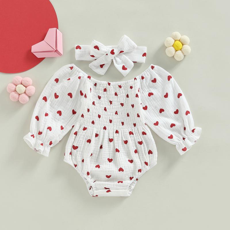 Calsunbaby Newborn Baby Girls Valentine's Day Romper Heart Print Long Sleeve Boat Neck Jumpsuit Bodysuit with Headband Clothes